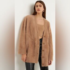 Grey Lab Anthropologie Feather Plush Cardigan Beige Oversize Size XS/Small